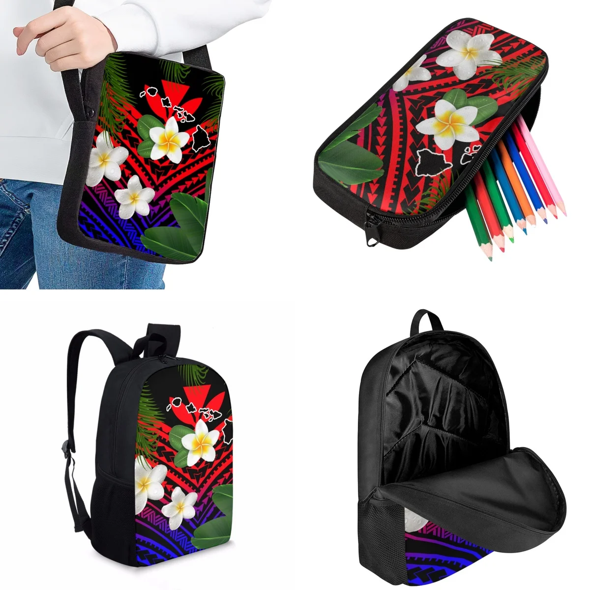 Jackherelook Fashion Youngster Boys Girls Book Bags 3pcs Polynesian Style Casual Trendy Travel Backpack For College Students