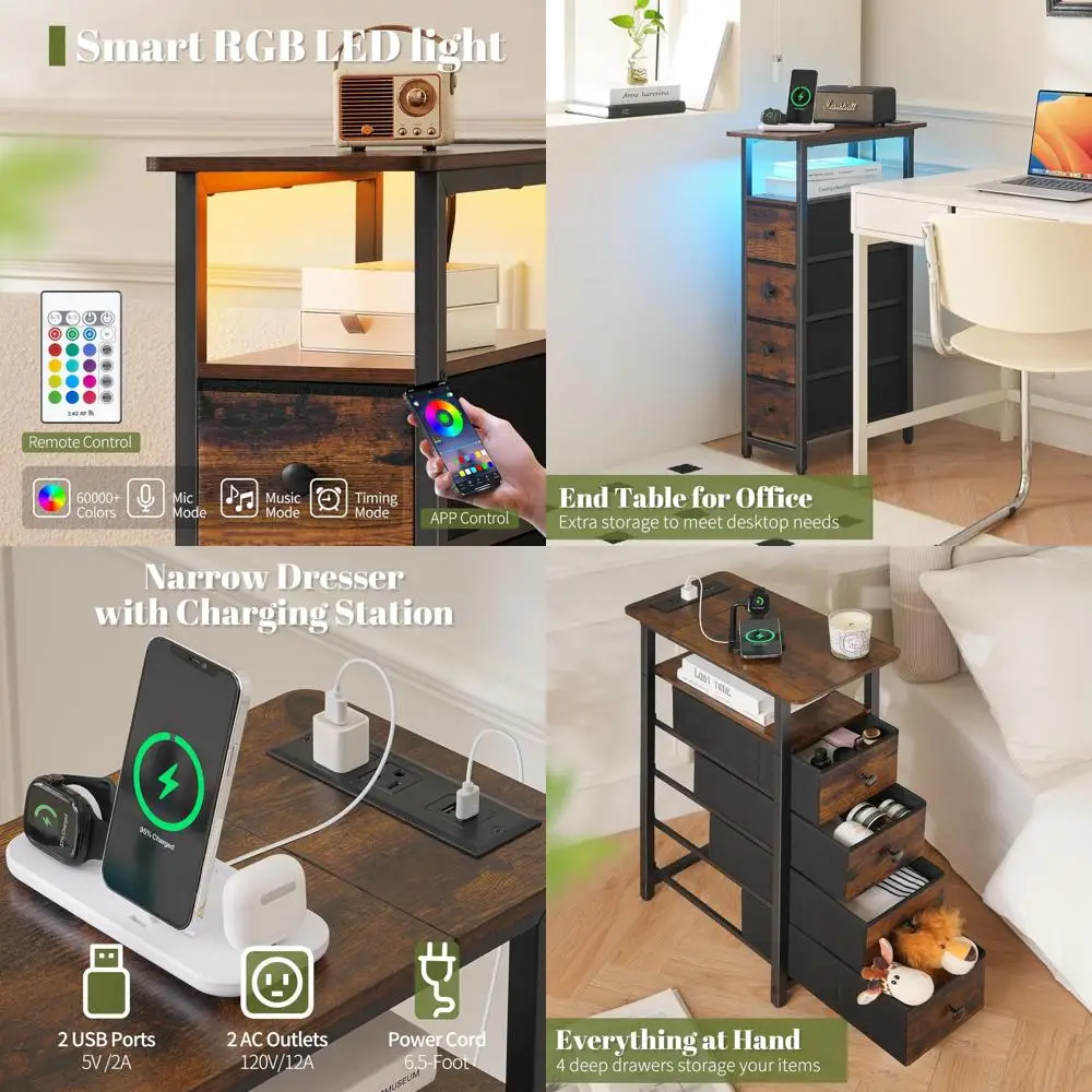 

Компактная LED-тумбочка с зарядным портом — стильный шкафчик для хранения вещей в спальне, узкий прикроватный столик с ящиками для небольших помещений