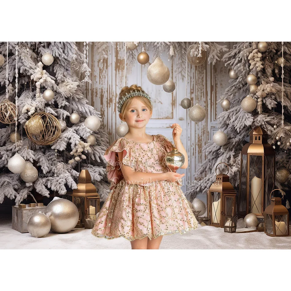 Winter Christmas Backdrops Photography Golden Xmas Ball Decor Snowy Pine Tree Background Photography Props Kids Photozone Studio
