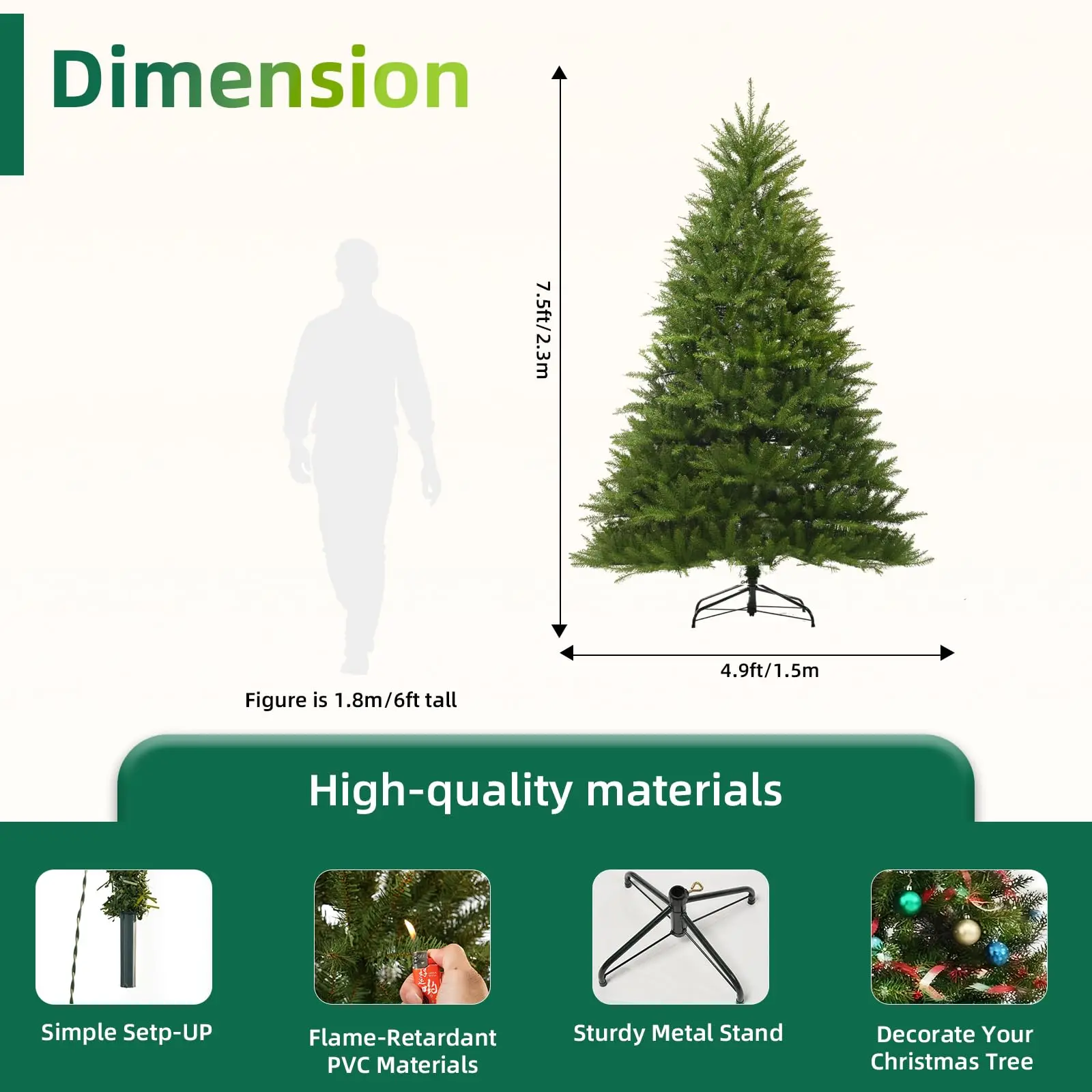 7.5FT Unlit Christmas Tree Green, Dunhill Fir Artificial Tree with 2514 PVC Branch Tips, Realistic Full Shape, Foldable