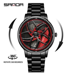 SANDA P1091 2023 Real 3D Model Spinning Car Wheel Hub Watch Luxury Move Waterproof Super Rim Watches For Men Orologio da uomo