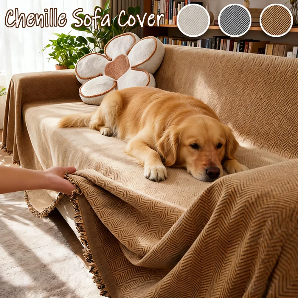 

1PC Chenille Sofa Covers 180x180cm Elegant Fringe Herringbone Couch Cover Texture Heavyweight Cozy Blanket for Couch Bed Decor