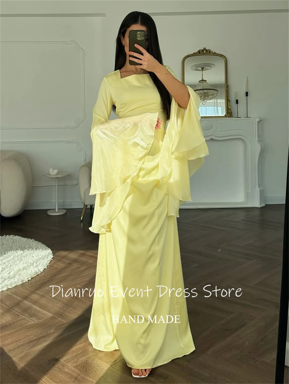 فساتين سهرة Dianruo بأكمام جرس صفراء ورقبة مربعة من الساتان رداء De Soirée فام على شكل حرف A فساتين طويلة أنيقة مخصصة