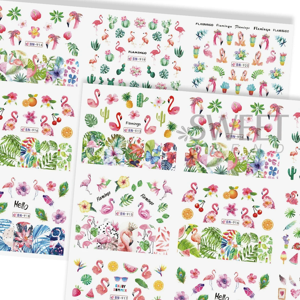 12 wzorów romantycznych różowych naklejek na paznokcie z flamingami, liśćmi palm, arbuzami i kwiatowymi motywami, samoprzylepne naklejki do samodzielnego manicure i zdobienia paznokci.