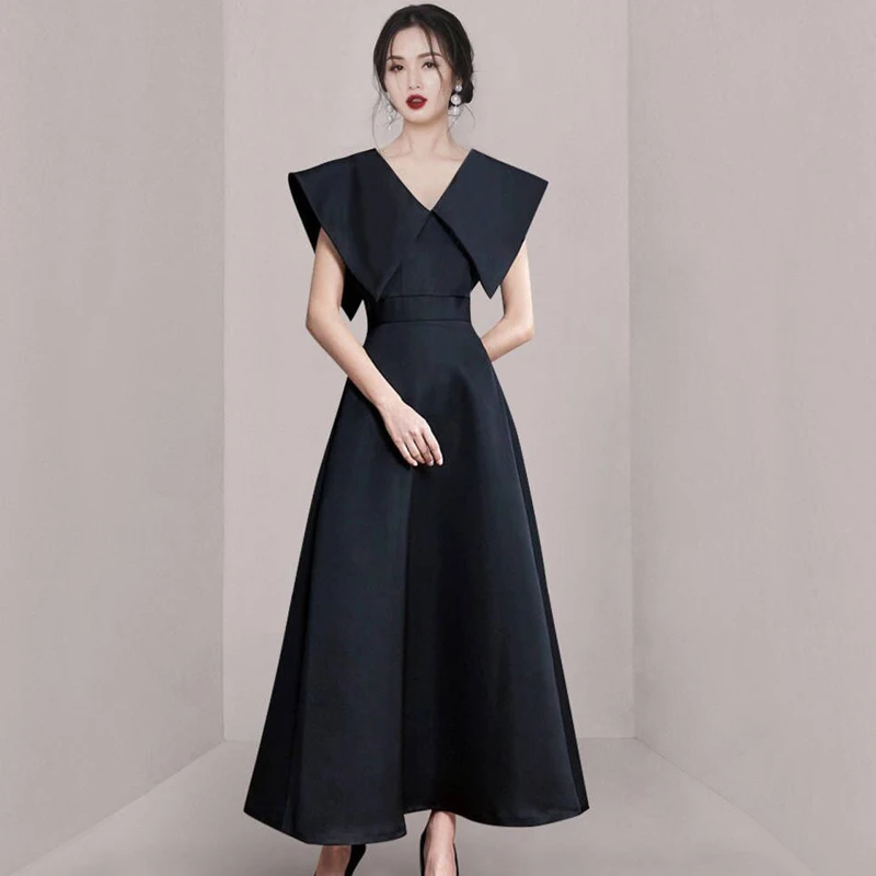 

New Summer Simple Black Chic Big Lapel High-End Temperament Dress Women's Slim Waist Sleeveless A Line Office Party Dresses