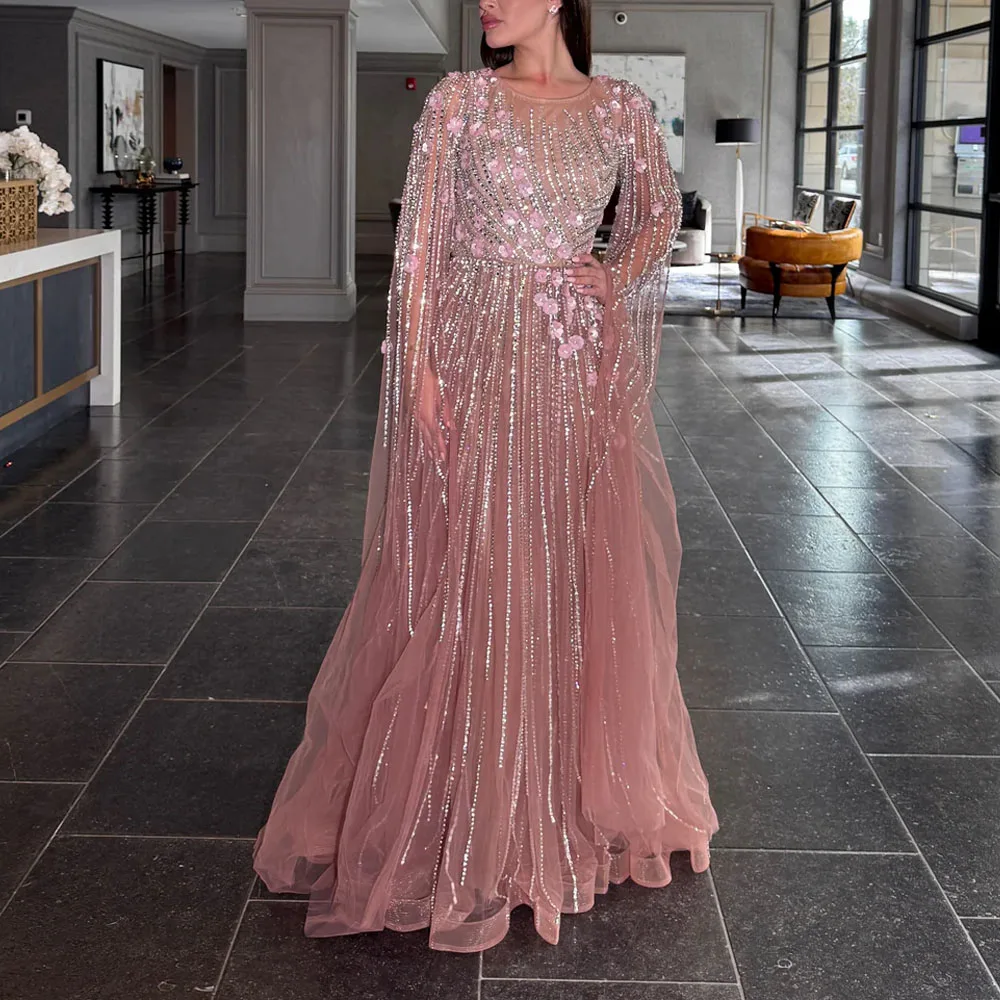 맞춤형 럭셔리 두바이 핑크 이브닝 드레스와 케이프 슬리브 O 넥 페르시 웨딩 파티 가운 Tulle فساتين سهرة