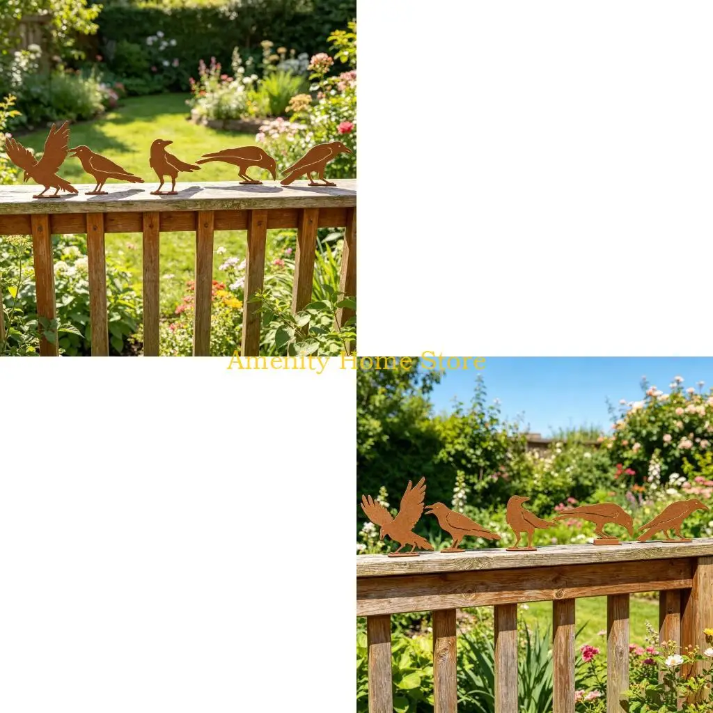 F26C Outdoor Metal Bird Set of 5 for Garden Fence Top and Yard Posts