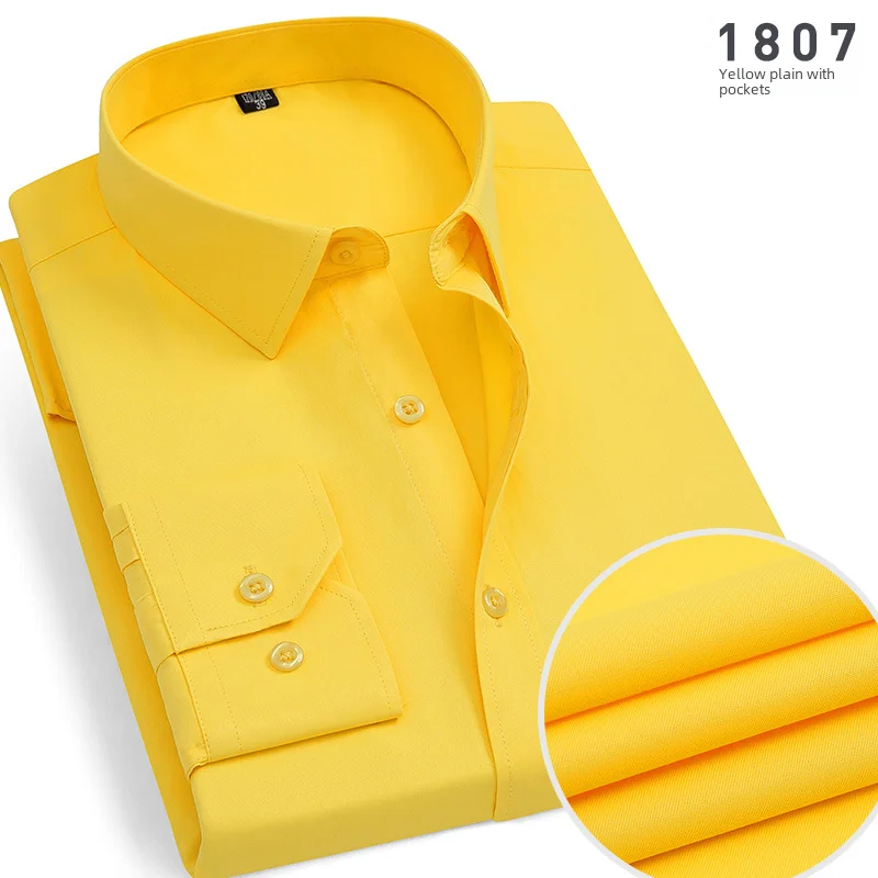 Autumn Long Sleeve Yellow Shirt Men's Business Casual Workwear Base Layer Top Youth Slim Fit Square Collar Work Shirt