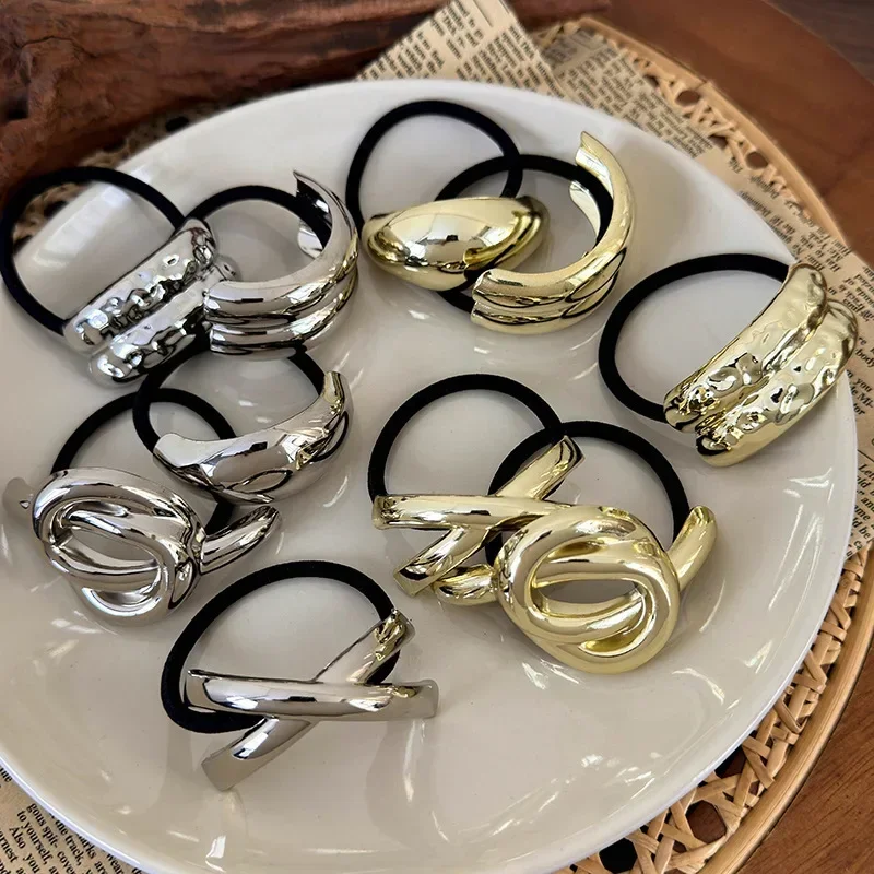 女性用パンクメタルヘアバンド,3ピース,ゴールドカラー,伸縮性のあるシュシュ,ポニーテール,女の子用ヘアアクセサリー,ファッション,新品