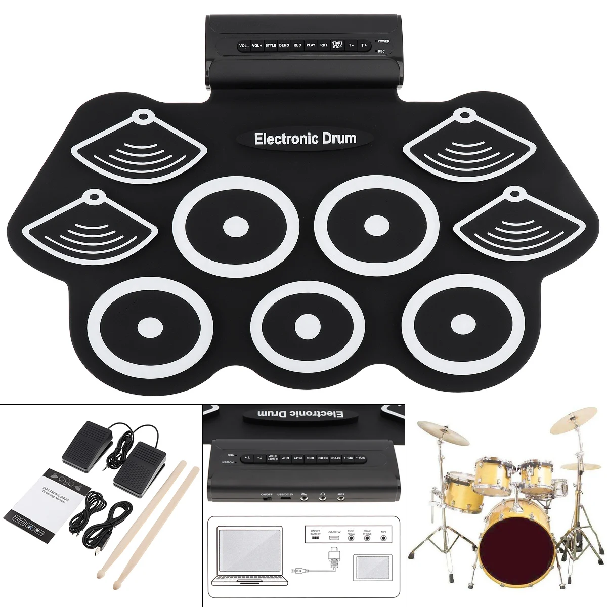 9 Pads Electronic Roll up Thicken Silicone Drum Electric Drum Kits with Drumsticks and Sustain Pedal 3 Types for Optional