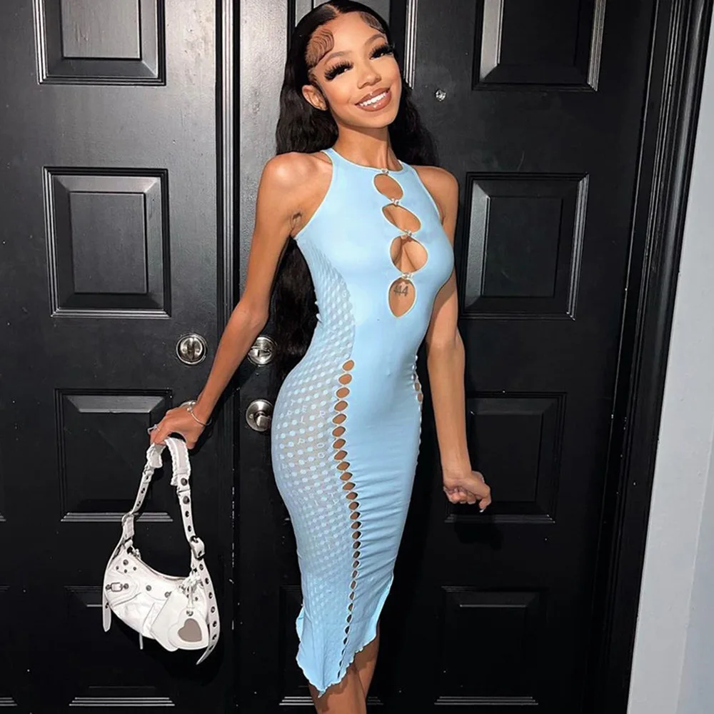 Nuevo vestido sin mangas europeo y americano con hombros descubiertos, acento de taladro de agua, vestido midi ajustado y Sexy