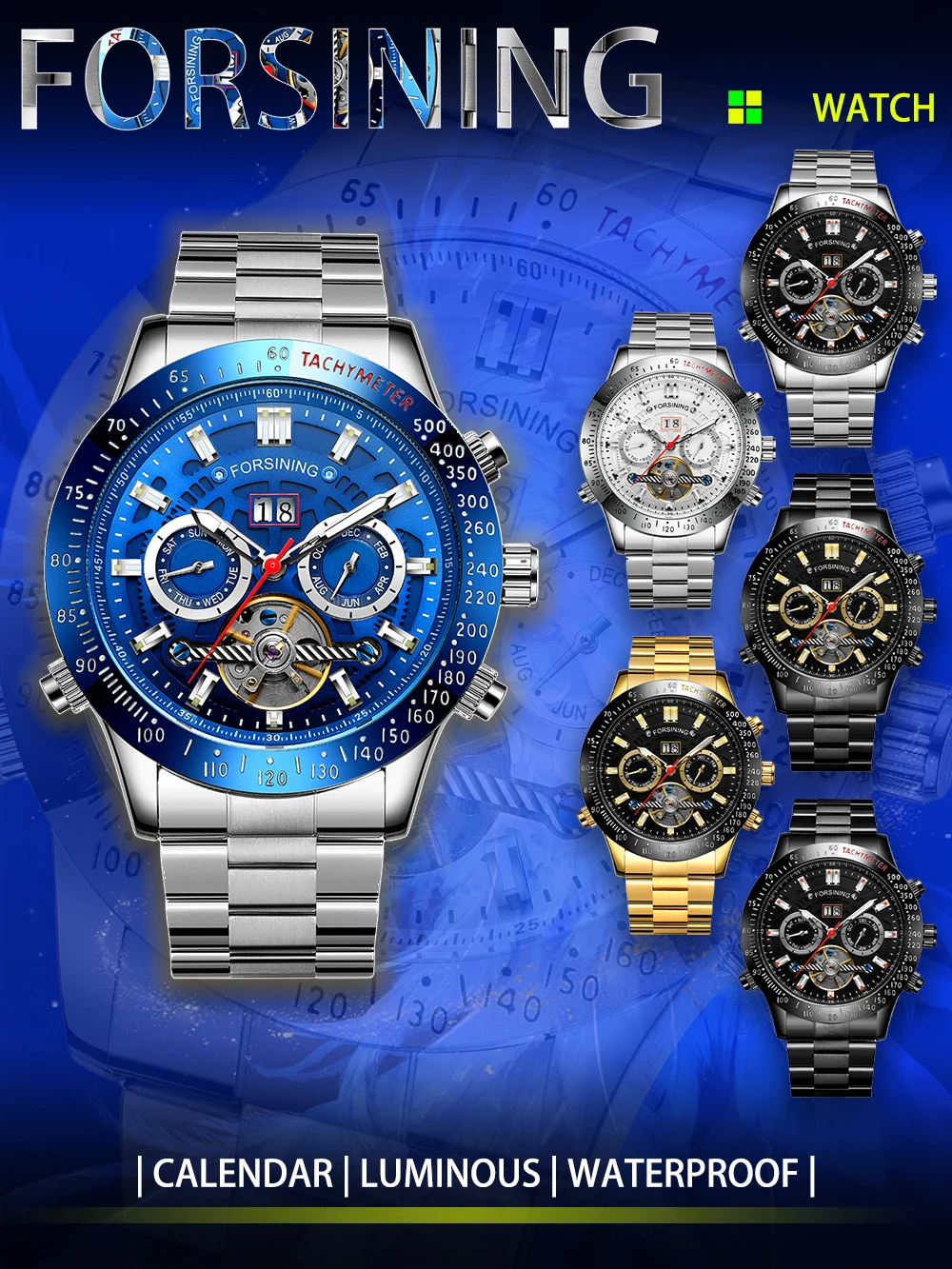 Forsining Men's Casual Automatic Mechanical Movement Watch Blue Dial Tourbillon Waterproof Metal Strap Luminous Calendar Gift