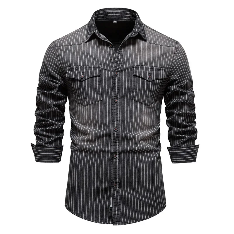 

Cotton Striped Stretch Men's Denim Shirts Male Long Sleeve High Quality Cowboy Shirts For Men Slim Fit Mens Designer Clothing