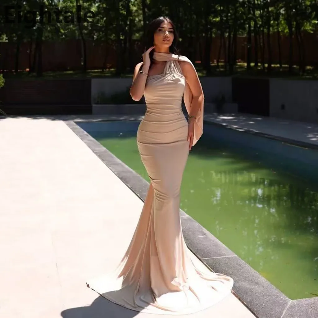 

Eightale 2025 Champagne Mermaid Evening Dress Arabic Style Pleated Customized Prom Gown with Wrap for Women Party Robe De Soiree