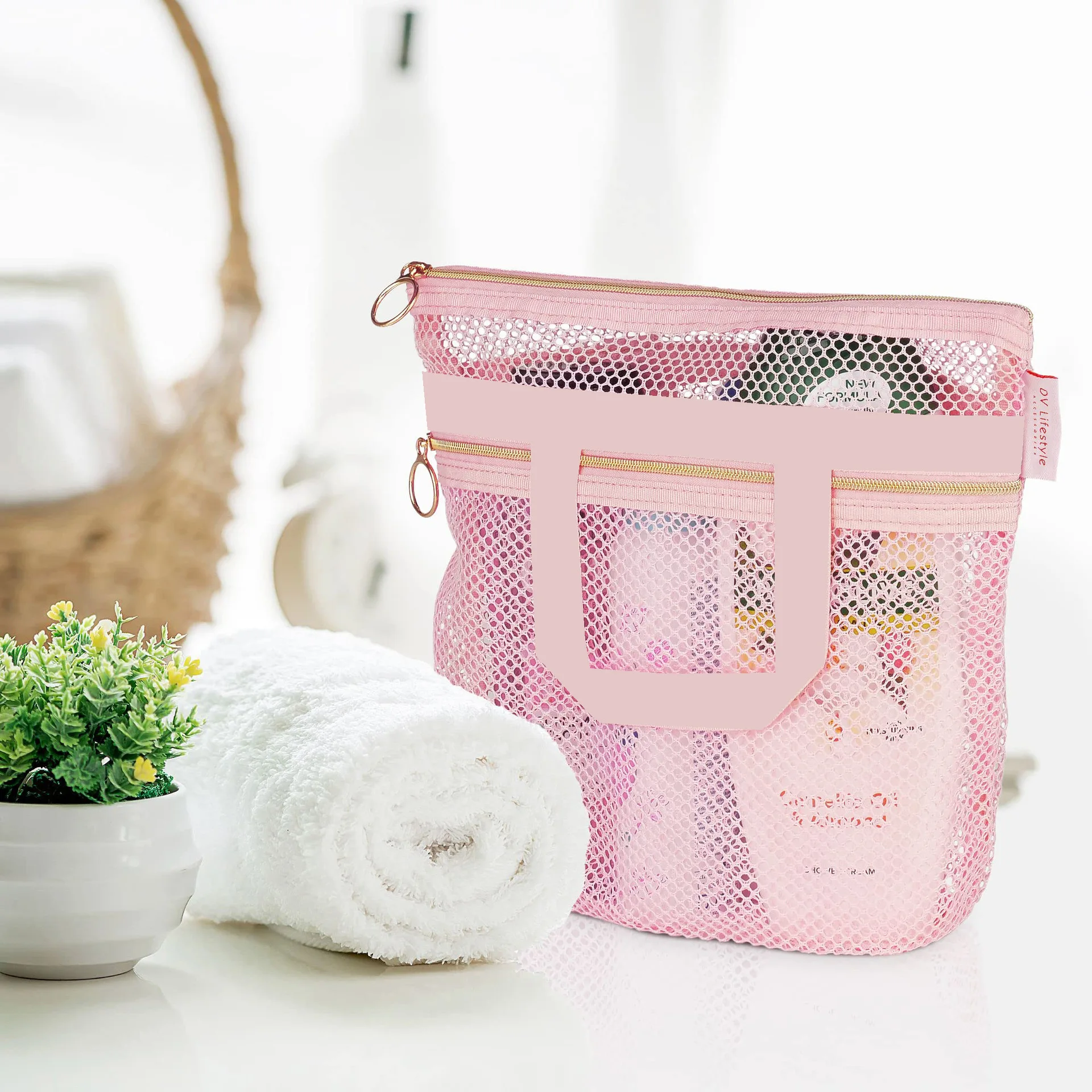 Portable shower handbag, transparent mesh makeup bag, storage bag, travel wash bag, mesh beach bag