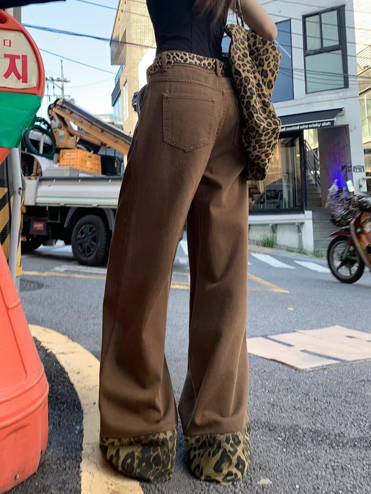 Amrican Retro Y2K Baggy Spliced Leopard Jeans Mujer2000s Autumn Winter Casual Brown Vintage Cuffs Denim Wide Jean Calça Feminina