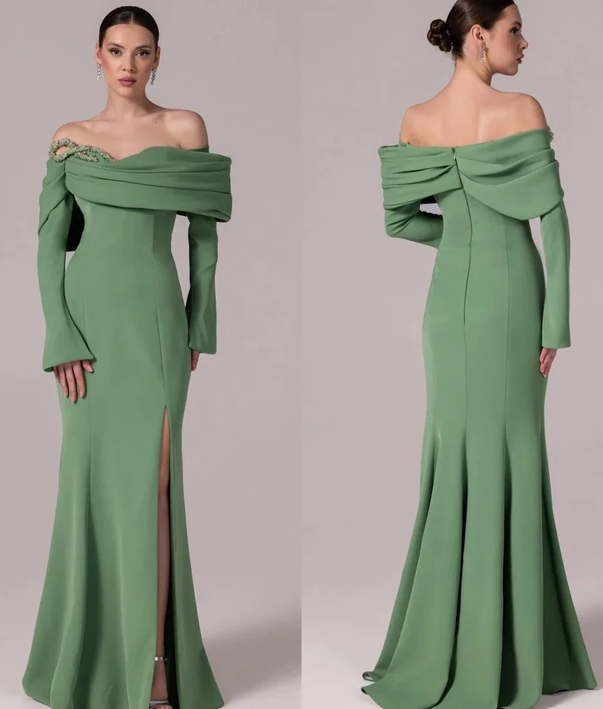 

Customized Sexy Jersey Mermaid Off the Shoulder Crystal Evening Dress Temperament Sweetheart Long Sleeves Celebrity Gowns