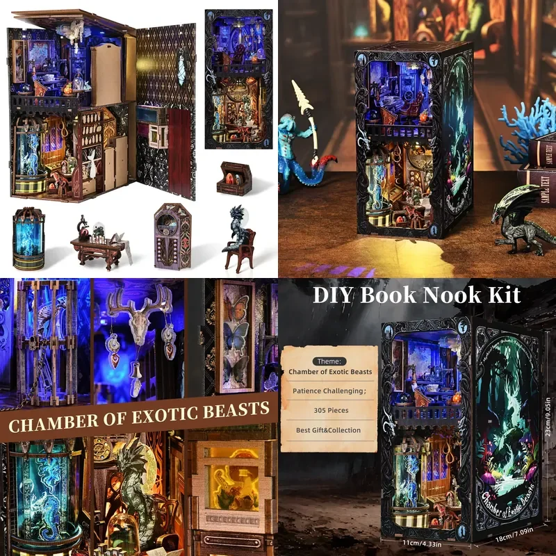 DIY Book Nook Kit Monster Collection Wooden Bookshop Dollhouse with Light Bookshelf Insert 3D Puzzle Decor for Gift