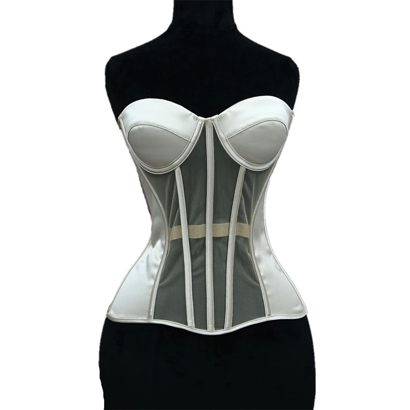 Women Champagne Sexy Transparent Mesh Overbust Corset Cups Push Up Lace Up Bodice Body Shaper Lingerie Strapless Bustier Top