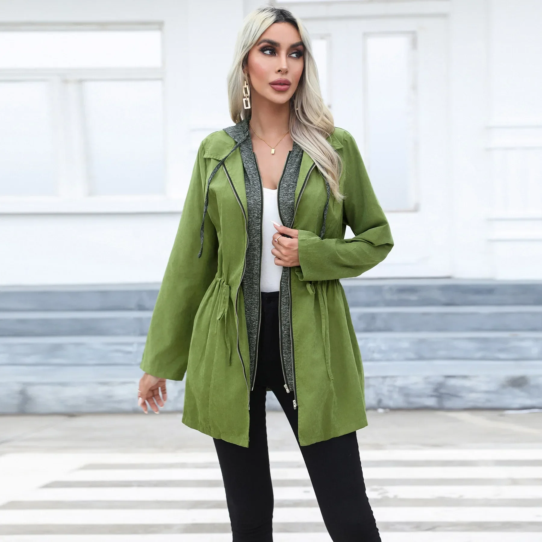 Women's Spring and Autumn New Fshion Leisure Waist Double Zipper Spell Color Coat Long Long Sleeve Windbreaker with Hat Y2k