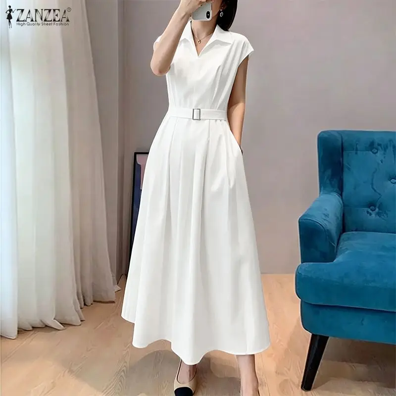 Elegantes Ärmelloses OL-Arbeitskleid 2026 ZANZEA Damen Sommer-Sonnenkleid Stilvolles Reverskragen-Kleid mit Gürtel Lässiges Einfarbiges A-Linien-Kleid