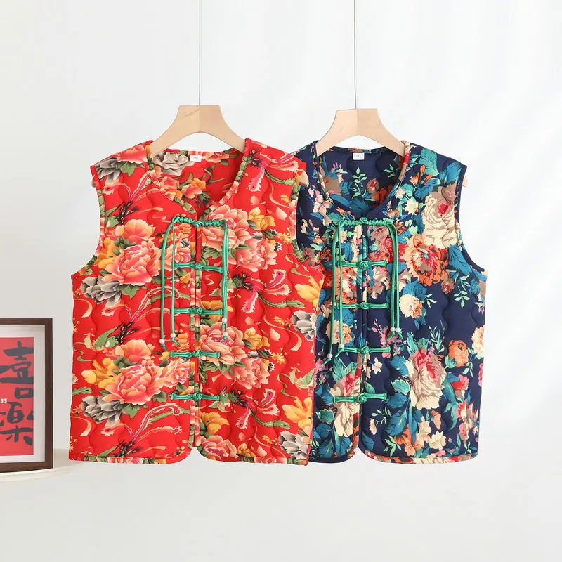 Plus size Chinese Style Northeast Flower Cotton-padded Vest Old-fashioned peony tang Vests Women Winter warm Sleeveless Jackets