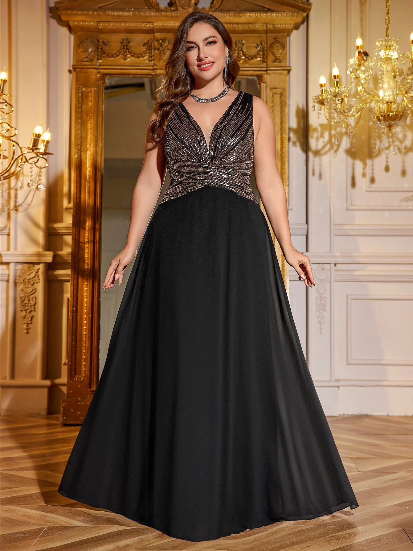 UNITHORE andom قطع السيدات الخامس الرقبة التدرج الترتر لامعة لصق الشيفون الخصر مقطع الانجراف بلون فستان الحفلات الأنيقة