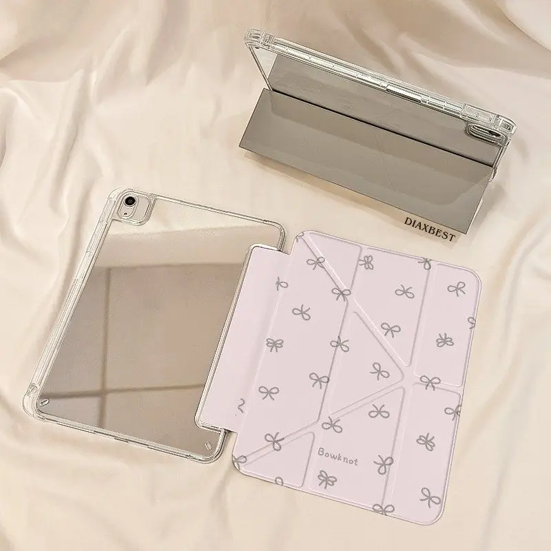 Pink Yellow Mirror Bow Sweet iPad Case For iPad Pro 11 13in 2025 iPad Pro 12.9in Air7 10th 11th M4/5 3+y Fold Anti-fall Cover