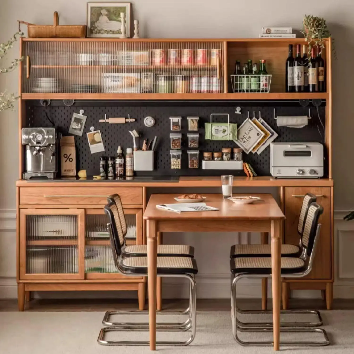 Solid wood dining side cabinet integrated against the wall Japanese cherry wood high cabinet hole board wine cabinet