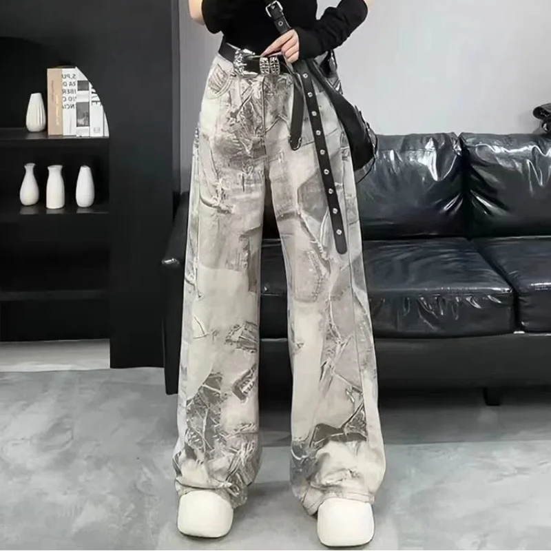 High Street Fashion Personalized Retro Printed Thin Jeans Women High Waist Slim Tie Dye Slightly Lam Floor-Mopping Pants