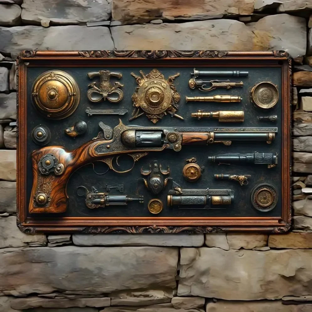 Bar tin painting，Home Decor Iron Sheet Painting,Vintage Pistol & Steampunk Metal Wall Art - 8x12