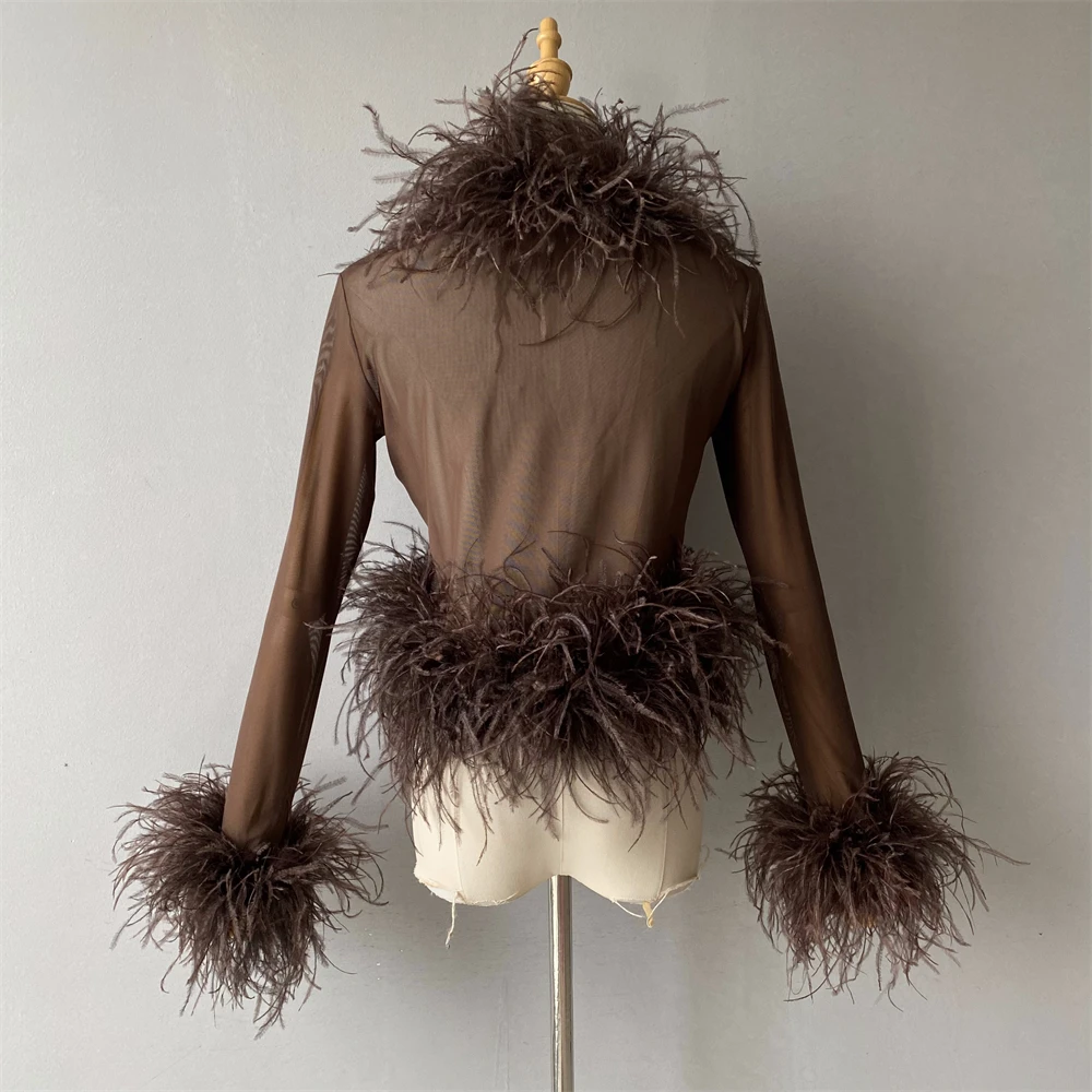 Jxwatcher Women's Sexy Mesh Feather Tops Spring Summer Ladies Vintage Celebrity Real Ostrich Feather Coat Fashion Party Wear New