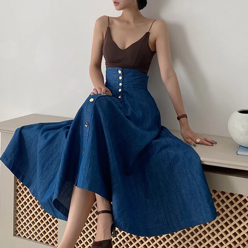 Chic Sexy V-Neck Knitted Crop Top High Waist Single Button Flared Denim  Skirt Fashionable Summer Outfit for Young Women view 5