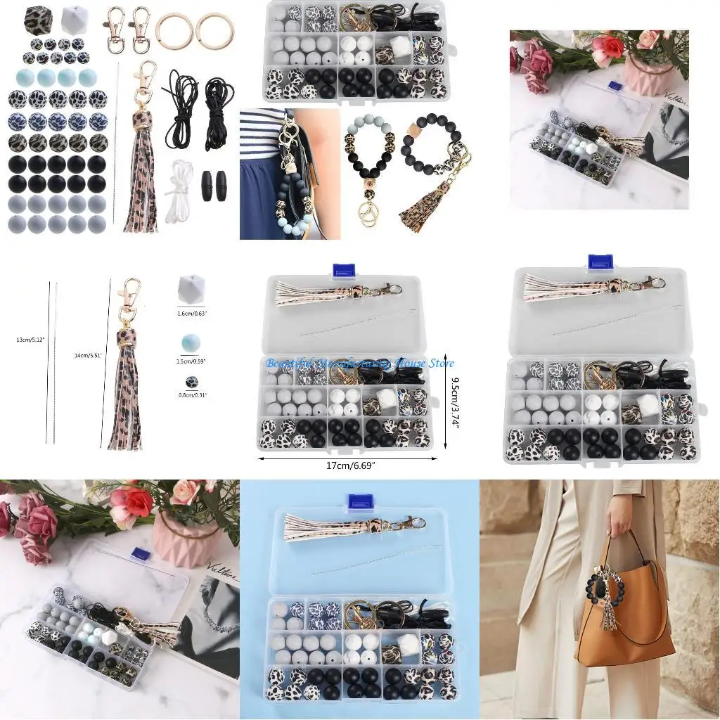 

E56A Leopard Print Silicone Beads Loose Spacer Beads with Tassle Keyring for DIY Jewelry Keychain Jewelry