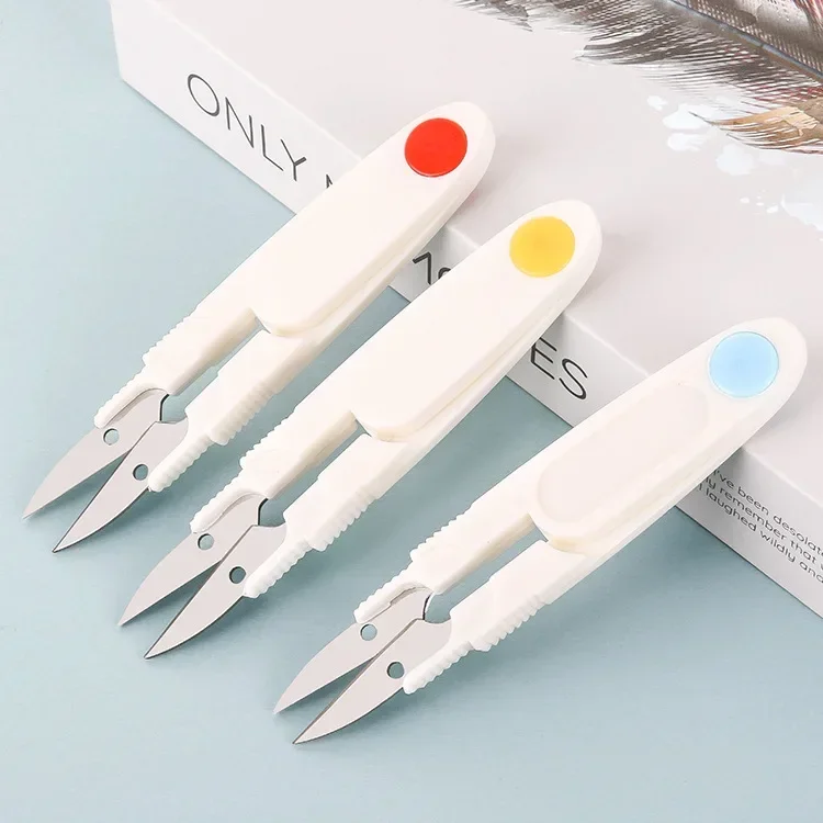 Practical U Shape Scissors Plastic Handle Safety Cover Sewing Scissors Thread Embroidery Cross-stitch Cutter Mini Spring