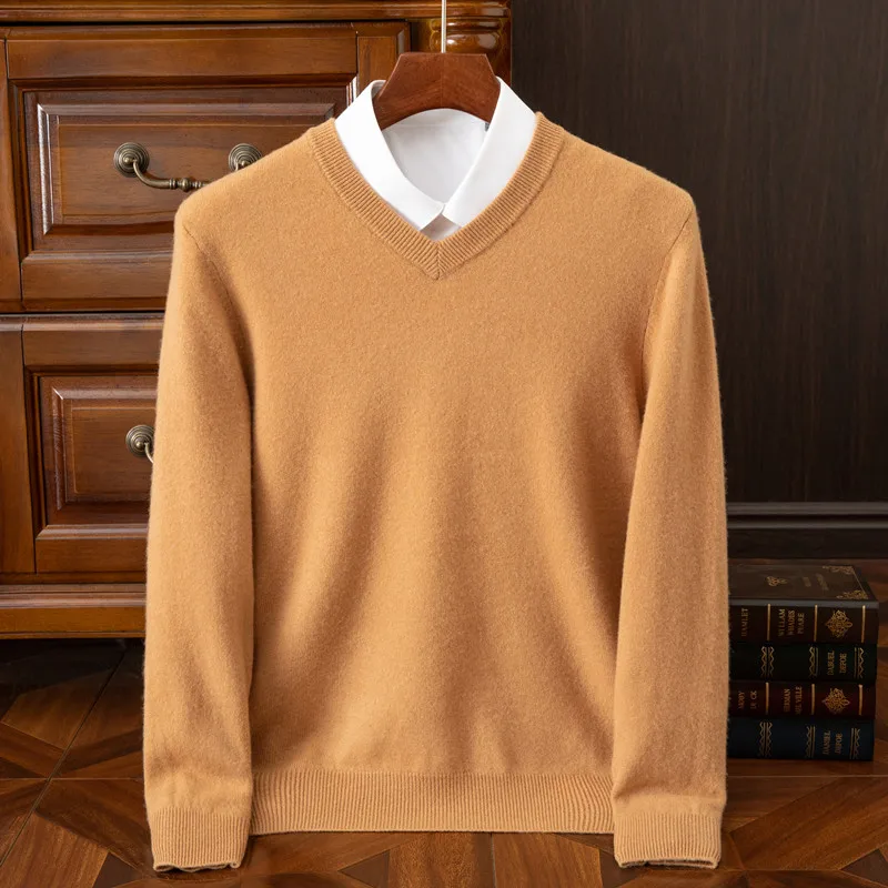 2026 Men's 100% Merino Wool Cashmere V-neck Sweater Pullover Smart Casual Basic Long Sleeve Knitwear Clothes Tops Autumn Winter