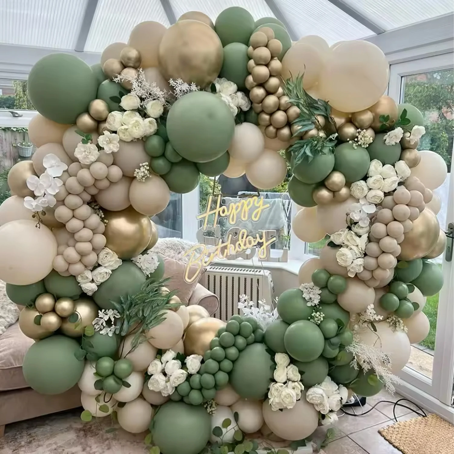 101pcs Green and Sand White Latex Balloon Arch Kit, Birthday Decoration, Wedding,Festival, Anniversary, Bridal Shower Decoration