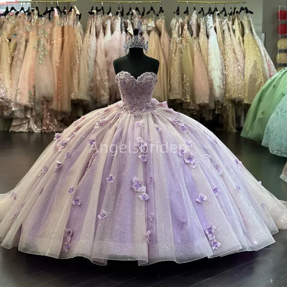 Angelsbridep Lilac Quinceanera Dress 3D Flora Ball Gown Detachable Long Sleeves Pageant Sweet 15 Party Vestidos De XV Años