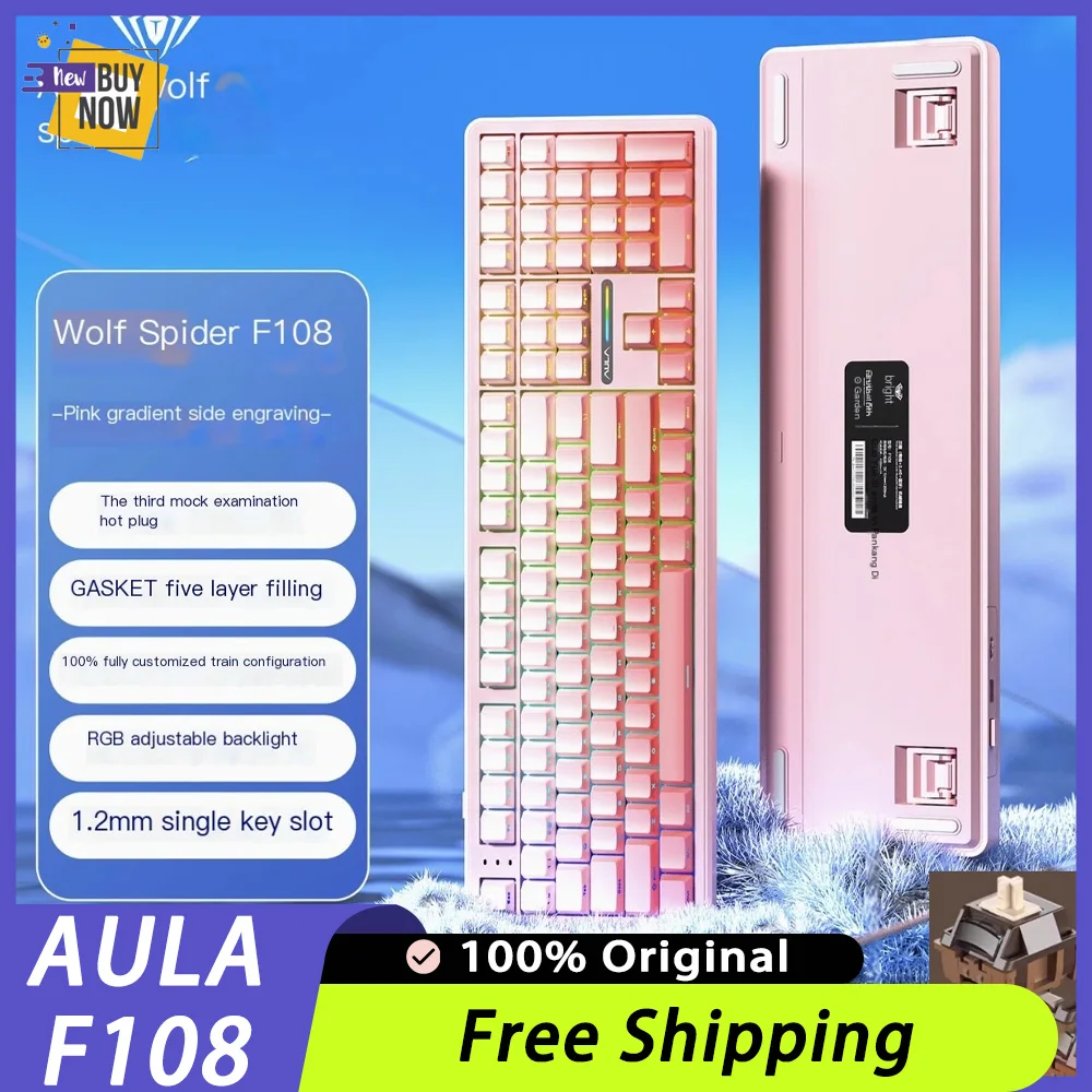 AULA F108 Mechanical Gaming Keyboard RGB Hot Swappable Wireless 2.4G Polling Rate 100% Layout Hifi Switch Custom Accessories