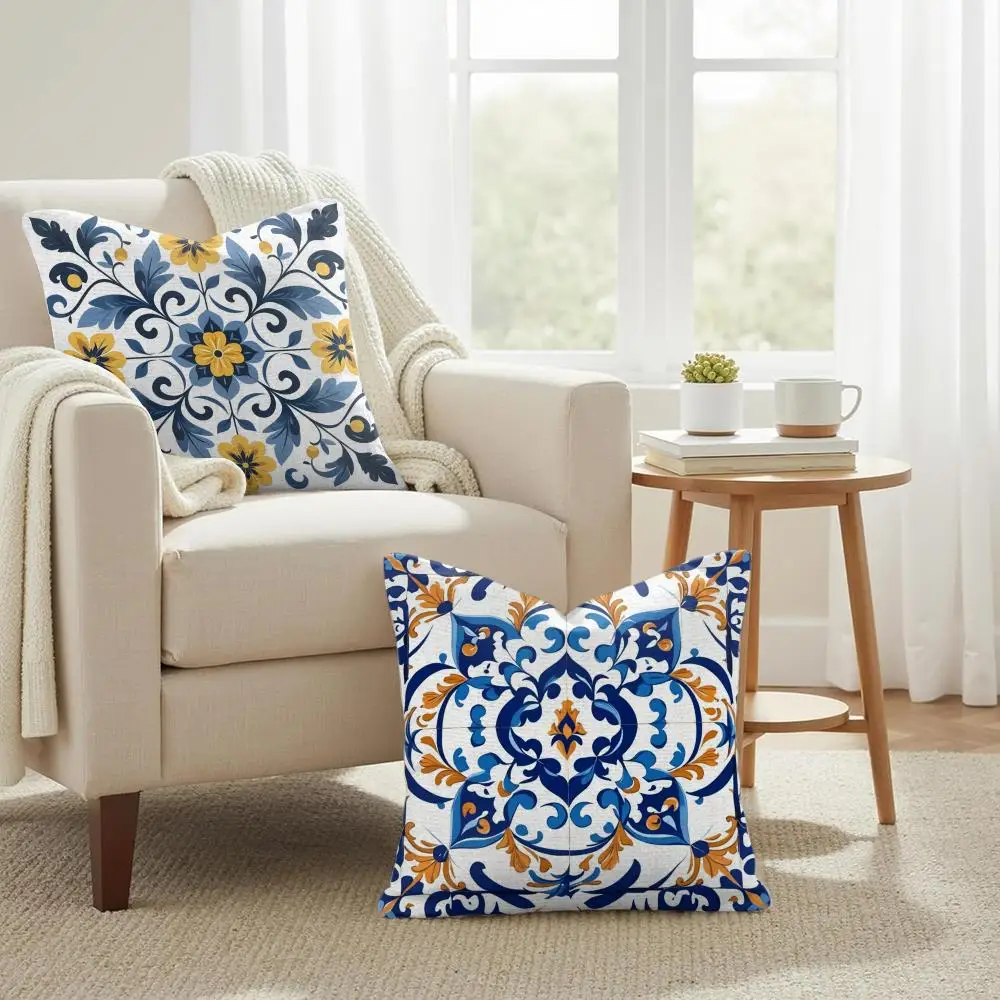Resort-style patterns Cushion Cover Natural Linen Organic Fabric Double-Sided Printing Sofa Home Decor Gift Pillow Cover