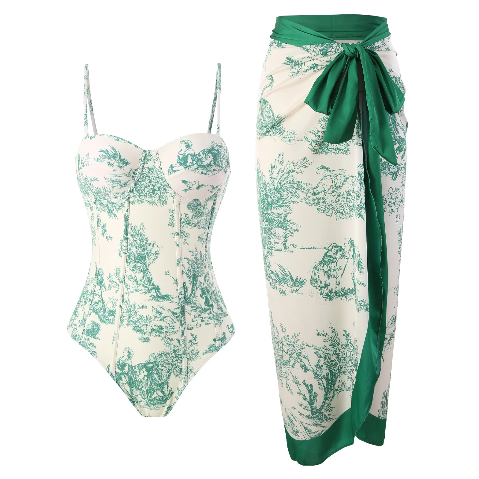 Bañador con estampado para mujer, traje de baño Sexy ajustado con Espalda descubierta, conjunto de Bikini ajustado para playa, traje de baño con protección solar y falda larga, 2024