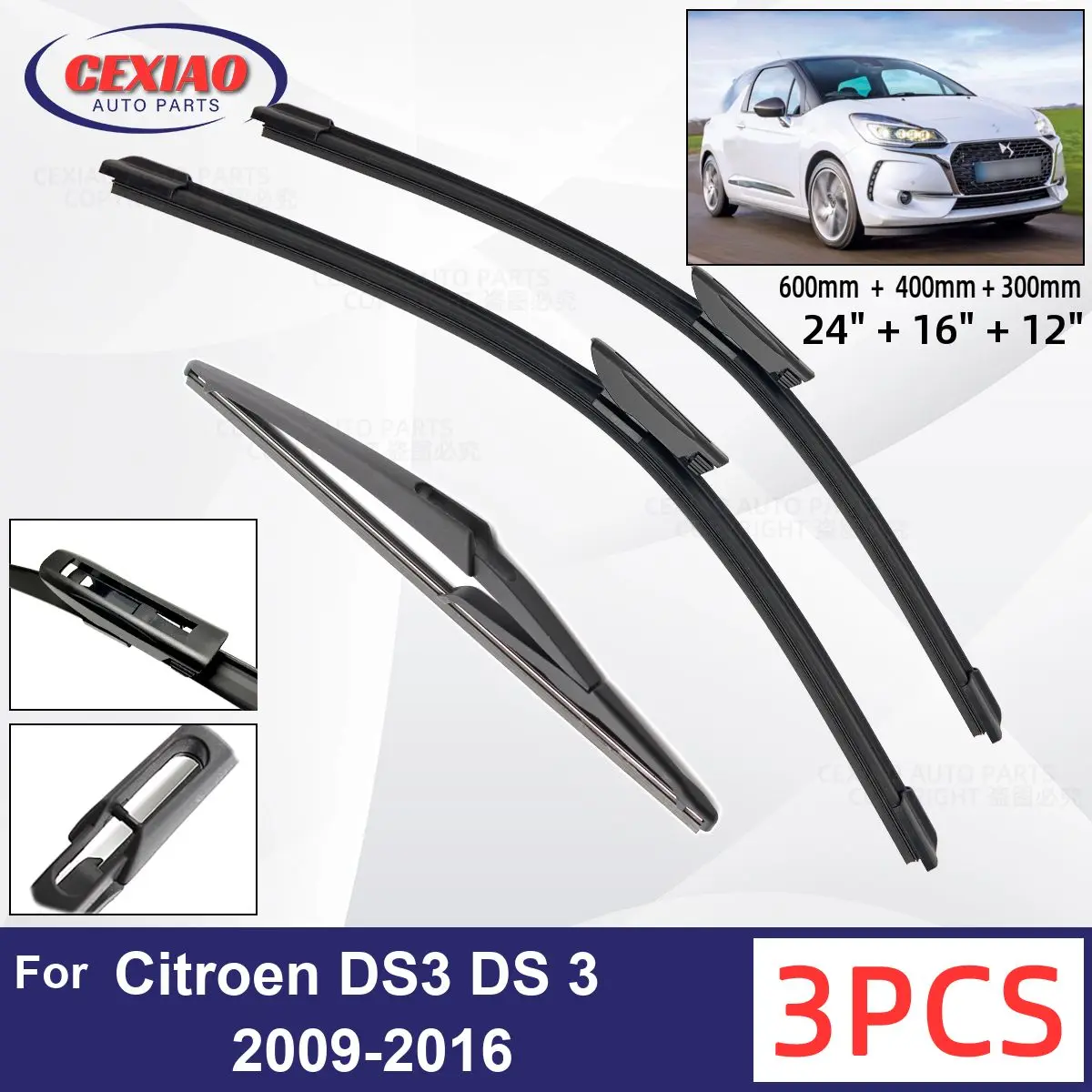 

For Citroen DS3 DS 3 2009-2016 Car Front Rear Wiper Blades Soft Rubber Windscreen Wipers Auto Windshield 24"16"12"2013 2014 2015