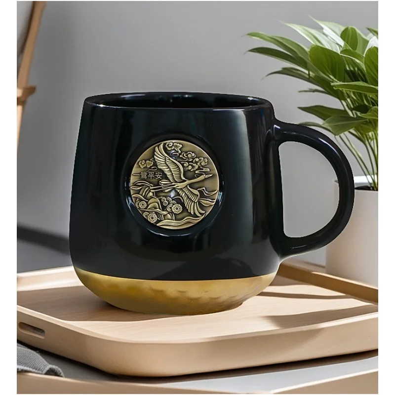 Taza de pareja de gran capacidad, taza de café de cerámica inspirada en Starbucks, insignia de cobre, juego de regalo con logotipo personalizado