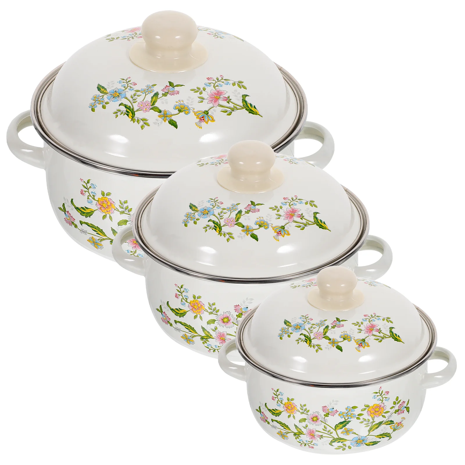 

3pcs Enamel Soup Pot Set Vintage Stockpot Small Cooking Pan With Handle For Noodles Stews Baby Food Heat Resistant