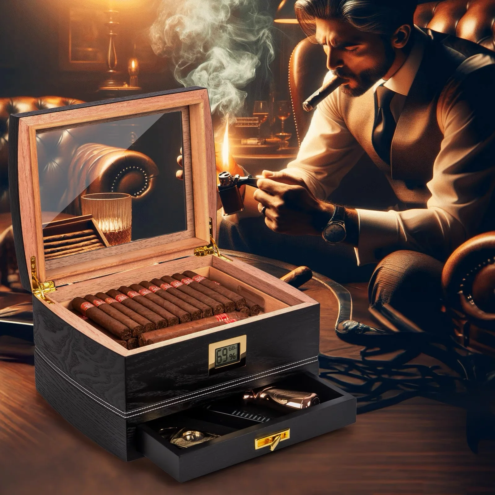 

High End Double-Layer Glass Top Cigar Box, Cedar Wood With Drawer Moisturizing Cigar Box, Men's Cigar Box Gift (Black).