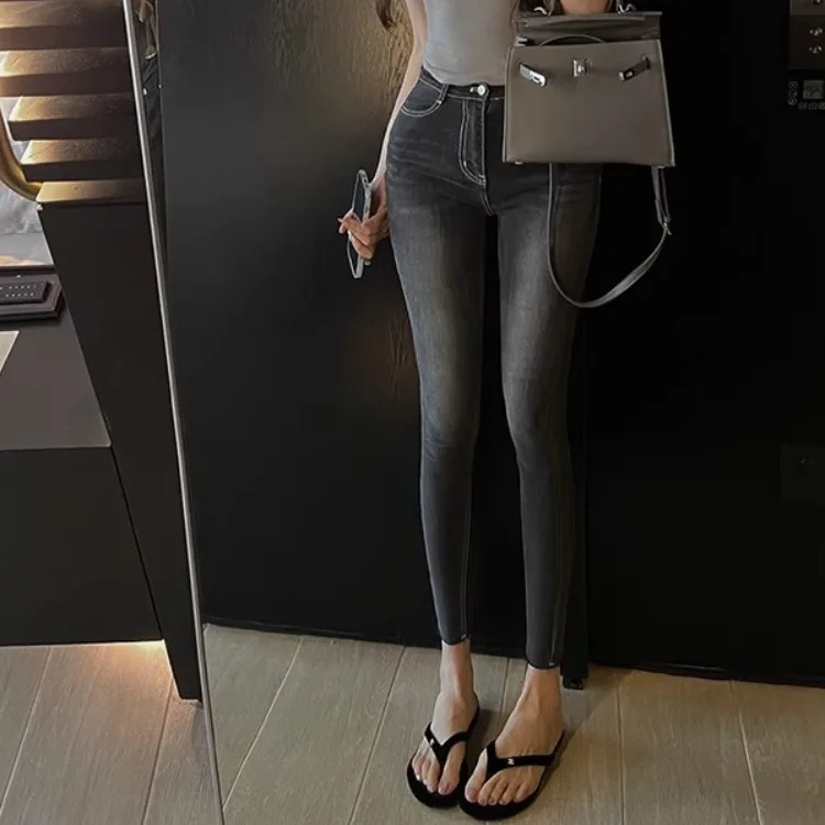 Afslanken Hoge Taille Fce Gevoerde Basis Sle Strakke Elastische Cargo Broek Koreaanse Sle Denim Skinnies Negen Stuk Potlood Broek