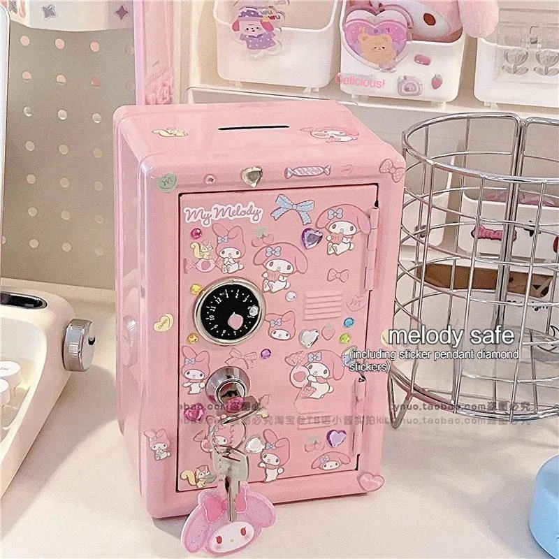 New Sanrio Cute Kawaii My Melody Cinnamoroll Wrought Iron Safe Piggy Bank Anime Girl Heart Cute Sticker Storage Key Cabinet Gift