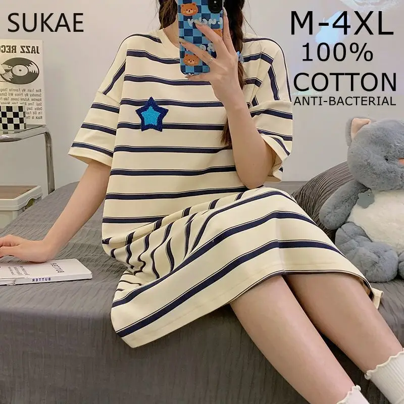 

SUKAE M-4XL, женская ночная рубашка из 100% хлопка, повседневная ночная рубашка с короткими рукавами, ночные рубашки для отдыха, модная одежда для сна для девочек, платье с героями мультфильмов