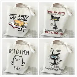 Cute Cat Canvas Tote Bag Harajuku Graphic Women Shoulder Bags Large Capacity Shopping Shopper Bag Portable Fashion Girl Handbag