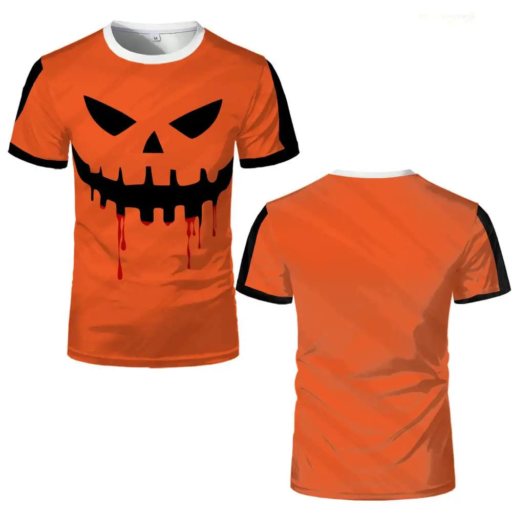 

Halloween Scary Pumpkin Face Tee Evil face Graphic T-shirt Fun Party Holiday Dress-up Top For Men And Women Clothing